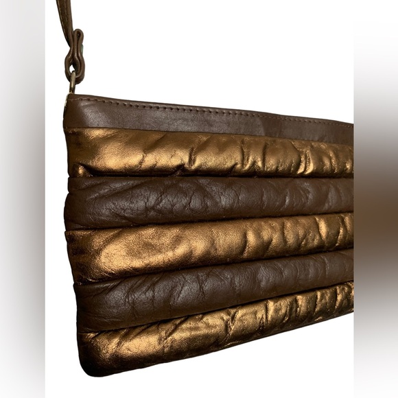 VTG 80s Leather Puffy Padded Quilted Clutch Bag Purse ~ Metallic Gold & Brown - Picture 2 of 12